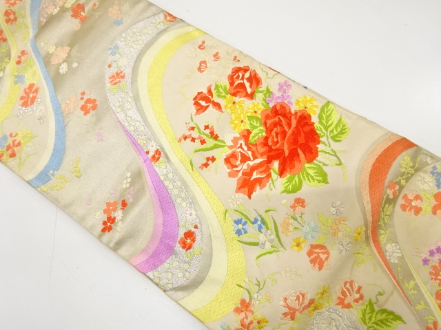 アンティーク　山並に薔薇・小花模様織り出し袋帯（材料）